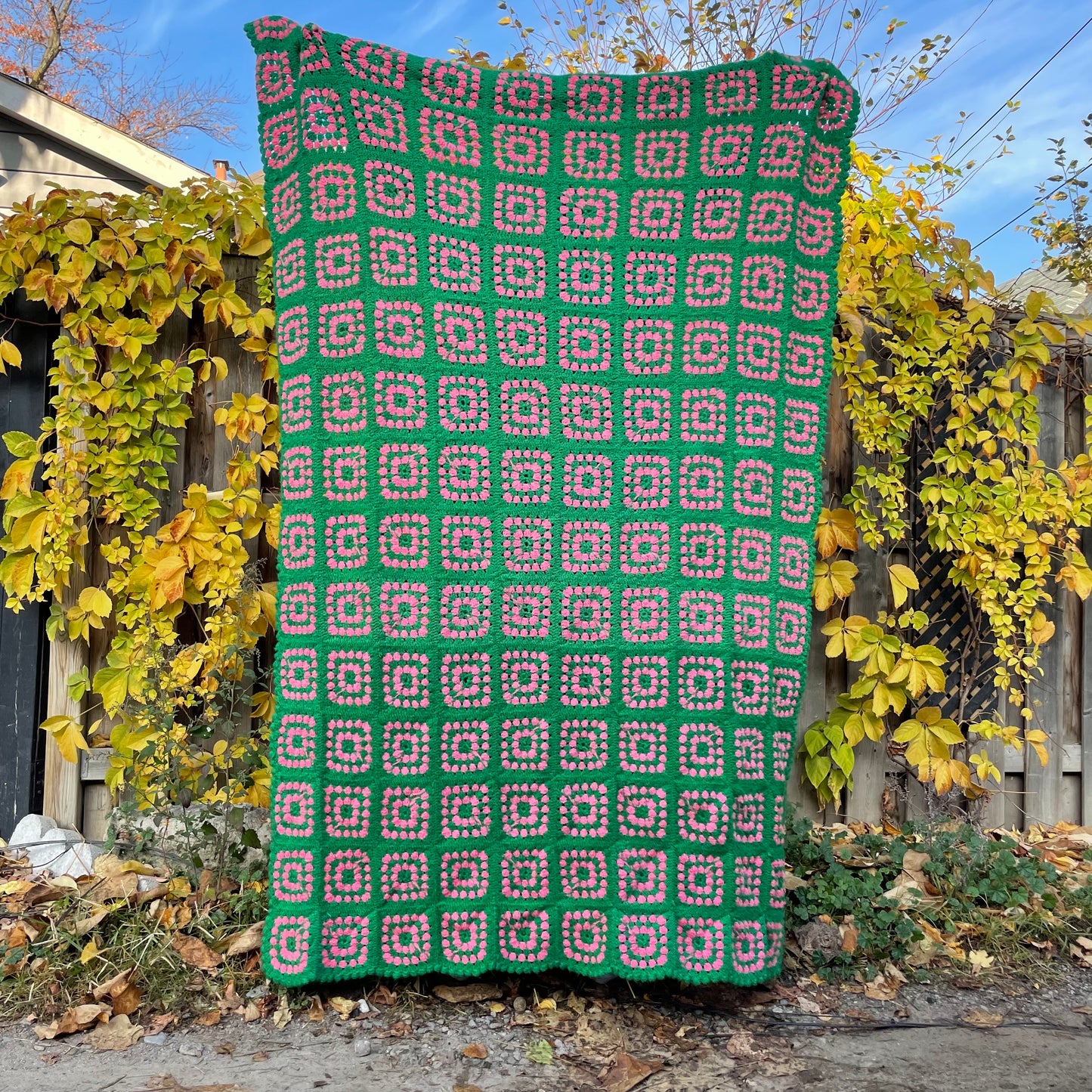 pink + green crochet blanket black dot shops