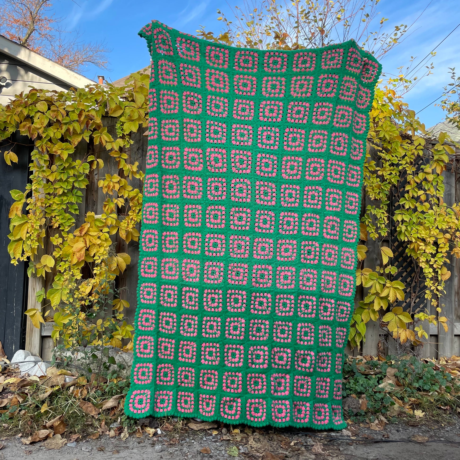 pink + green crochet blanket black dot shops