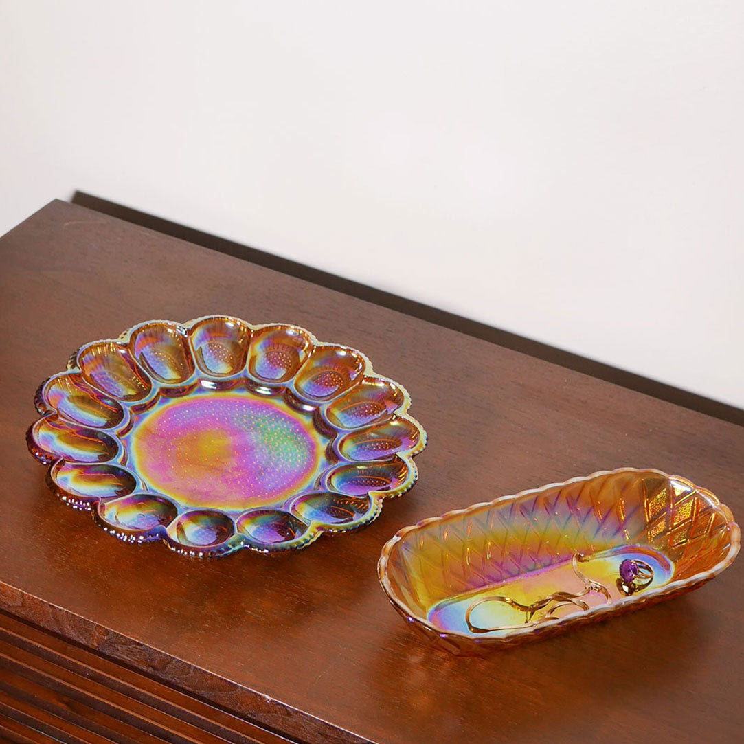 iridescent carnival glass egg plate