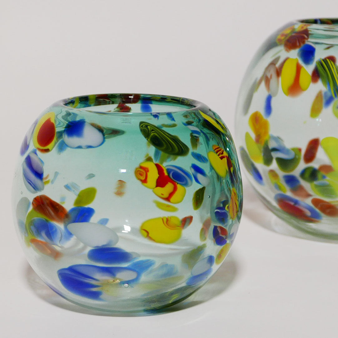 2 x confetti hand blown round glass vases
