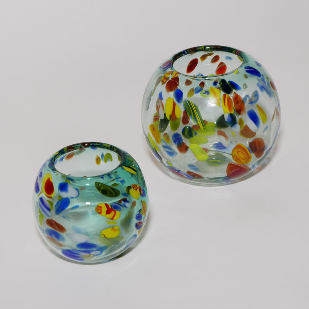 2 x confetti hand blown round glass vases