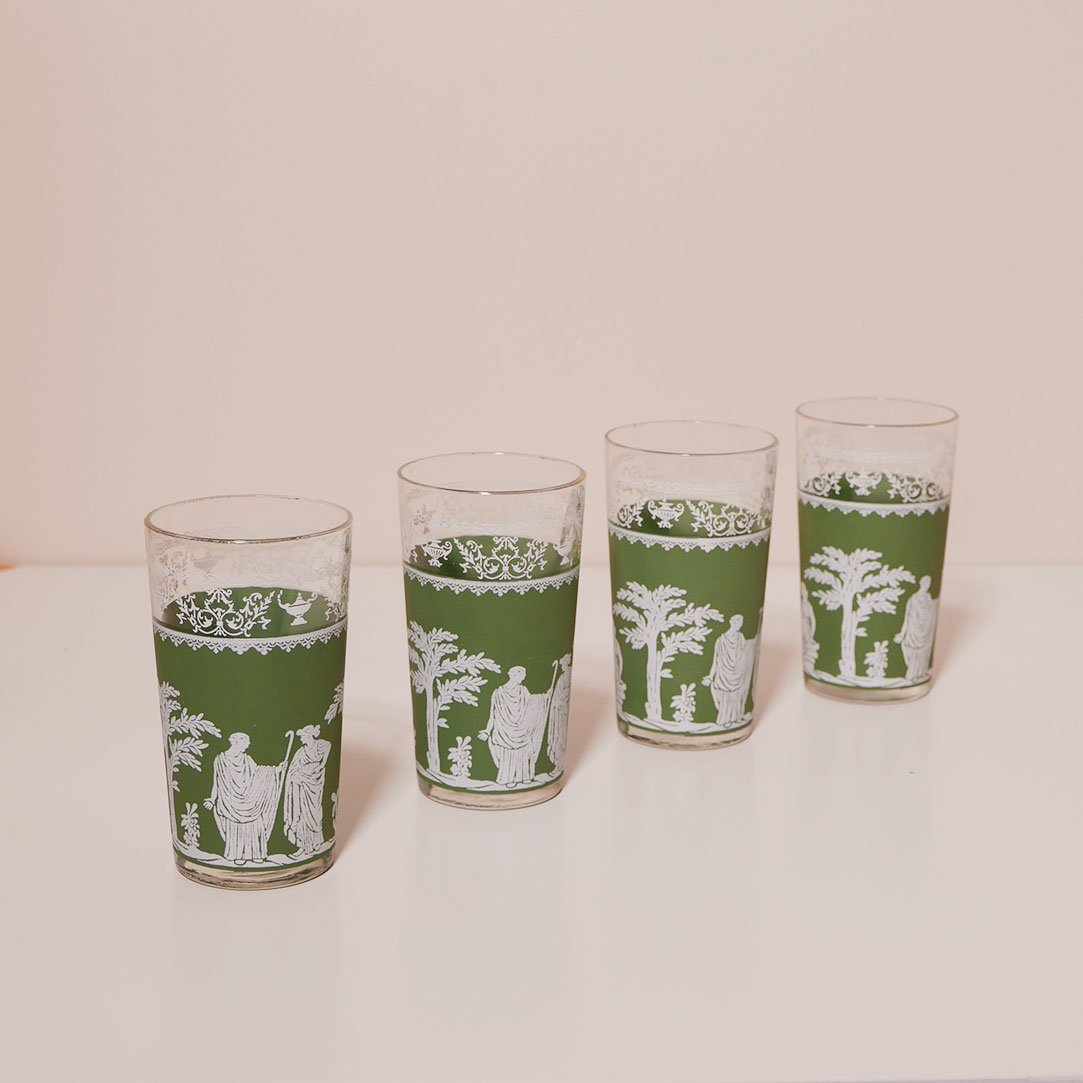 grecian motif cocktail glasses by jeannette glass