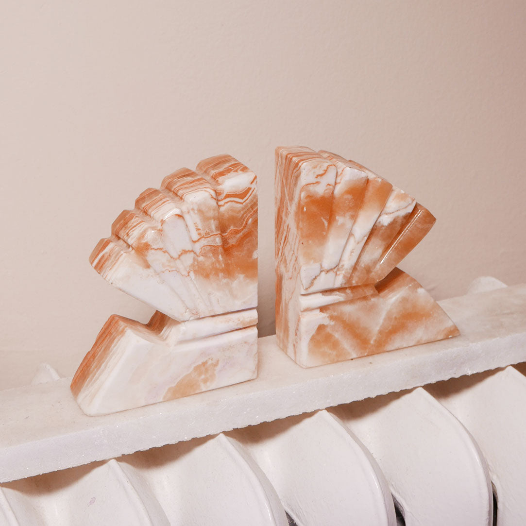pair carved marble shell/fan bookends
