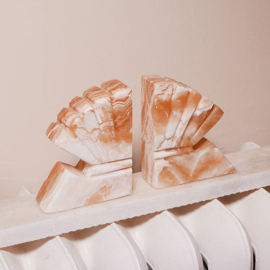 pair carved marble shell/fan bookends