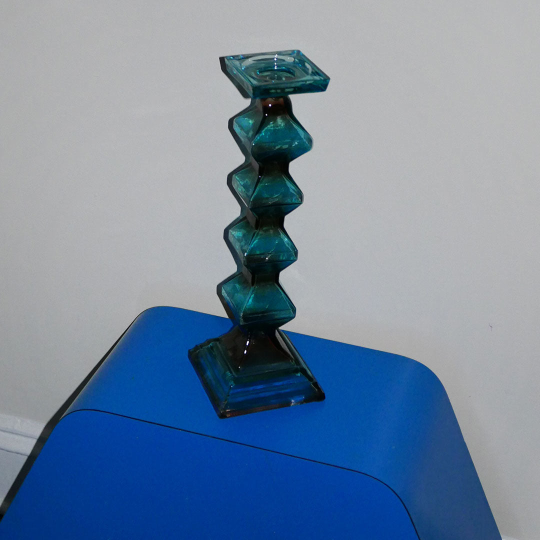 geometric aqua glass vintage candlestick
