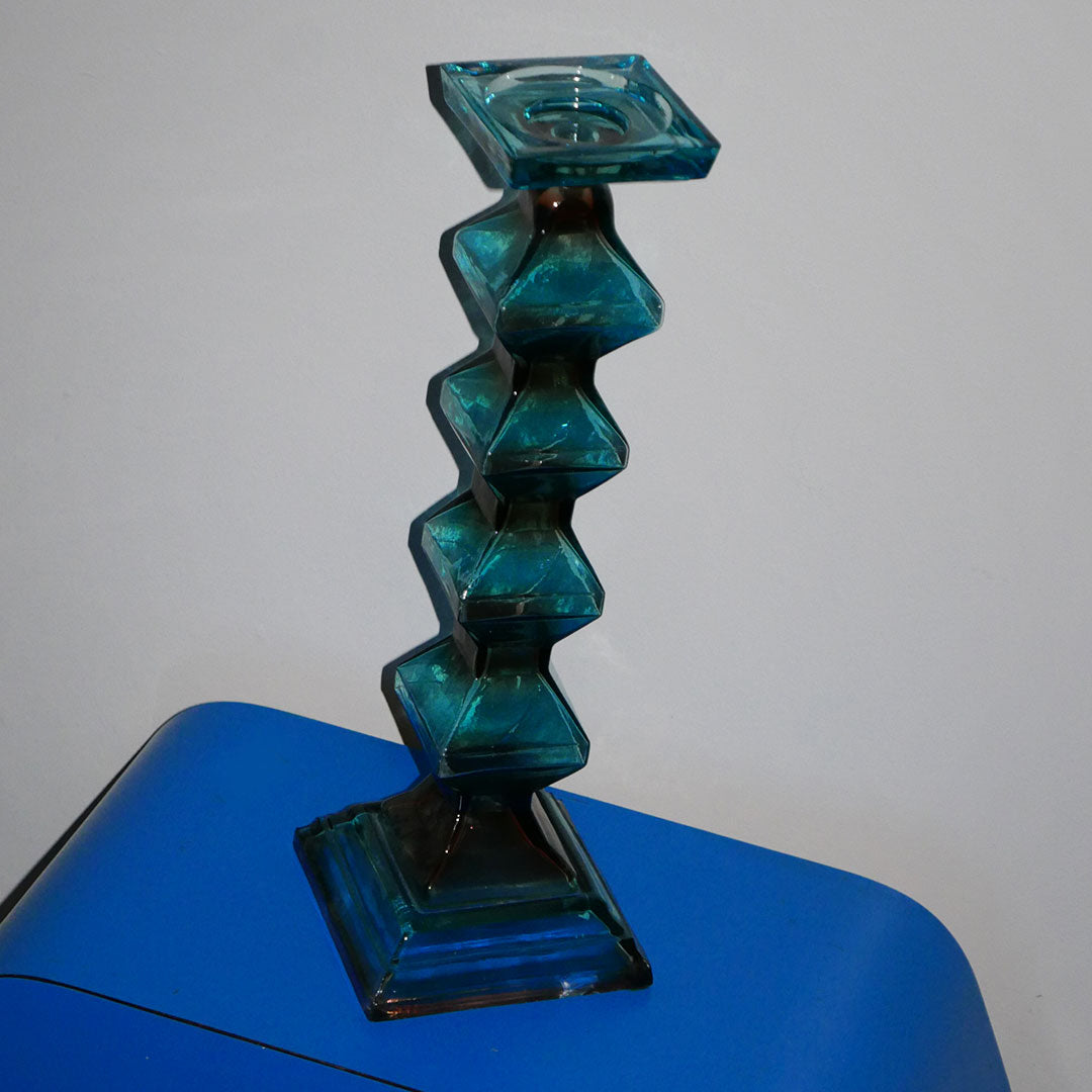 geometric aqua glass vintage candlestick