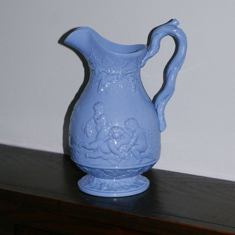 beautiful blue slat glaze stoneware jug/pitcher moulded with grape vines and children playing. just stunning
