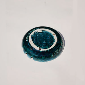 mid century round drip glaze ashtray in teal. made in canada.