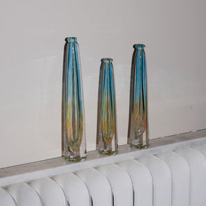 iridescent glass vase trio