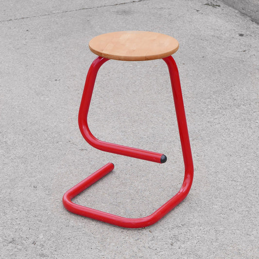 lacquered red tubular metal and maple seat K700 paperclip stool by Hamilton & Salmon for Amisco. a 1969 canadian designed classic.