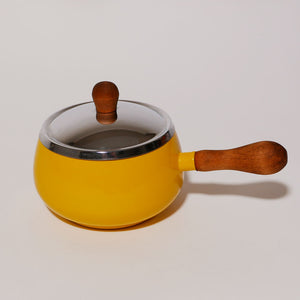 yellow enamel saucepan with wood handle