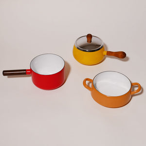 yellow enamel saucepan with wood handle