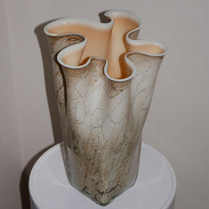 exquisite hand made glass handkerchief vase by josefina krosno with a creamy marbleized pattern.