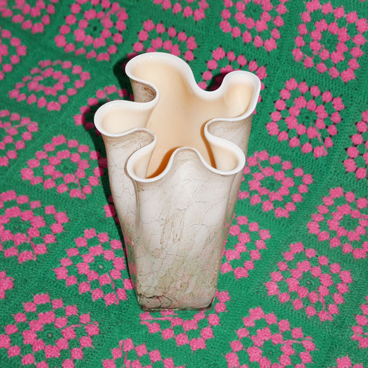 exquisite hand made glass handkerchief vase by josefina krosno with a creamy marbleized pattern.